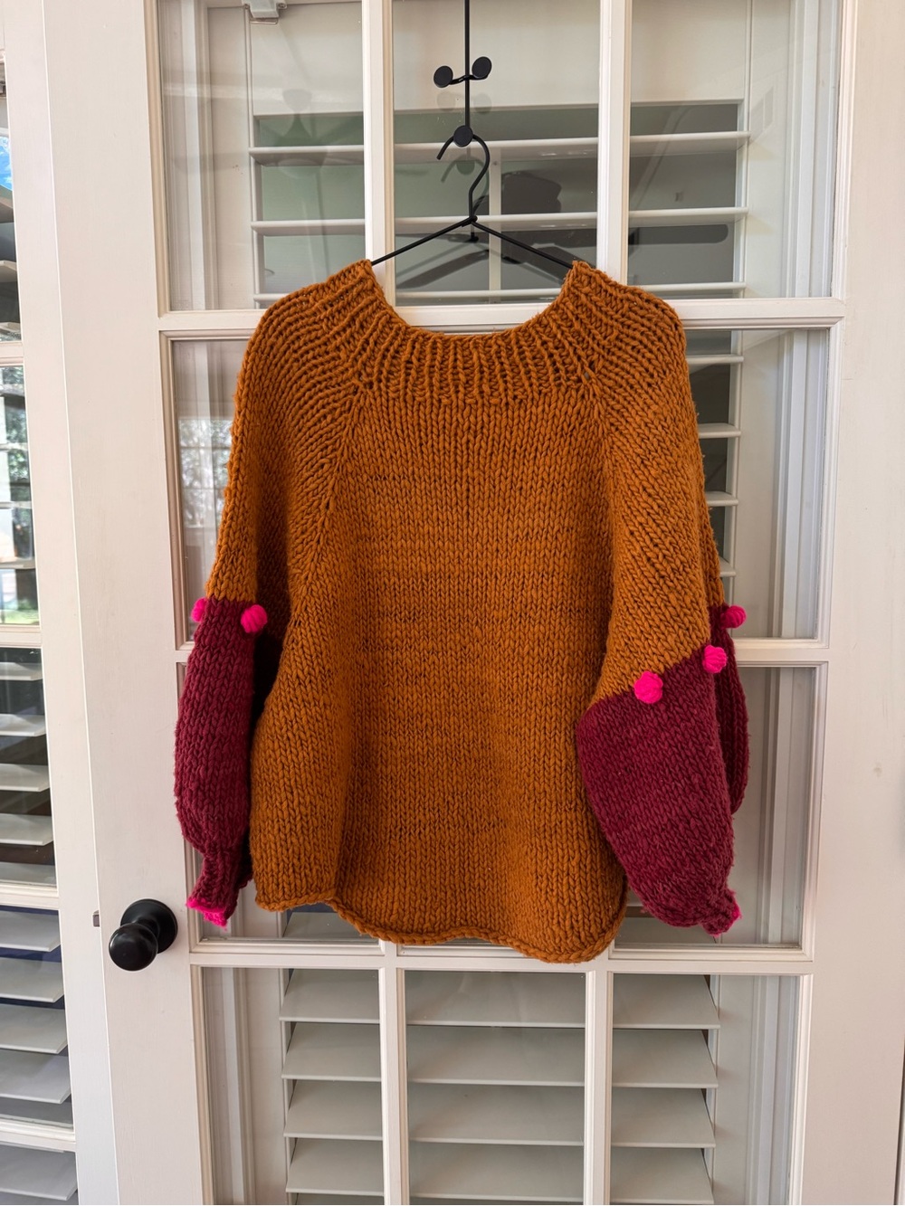 Hand Crafted Rust and Berry Pom-Pom Crewneck Sweater